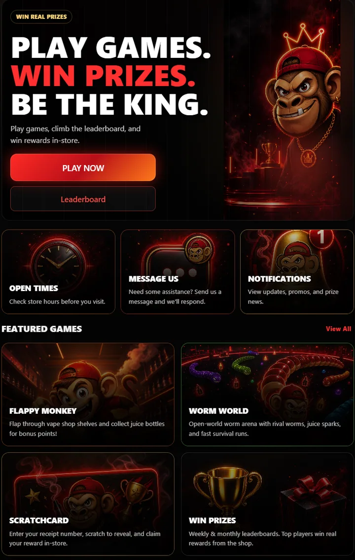 Customer app home screen with opening times, messaging, notifications and featured games.
