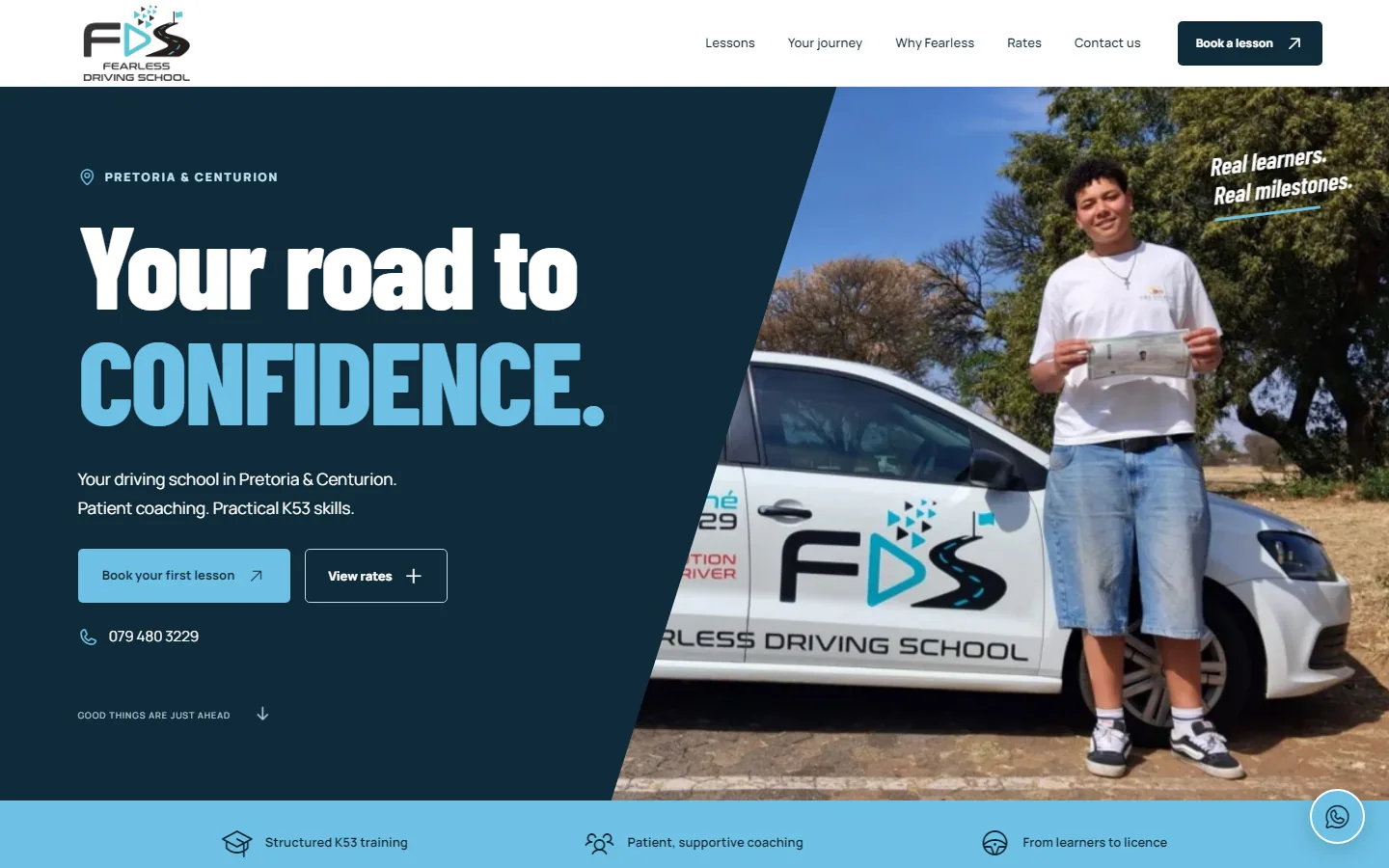 Fearless Driving School homepage with the headline Your road to confidence beside a photo of a learner holding a new licence next to the school’s car.
