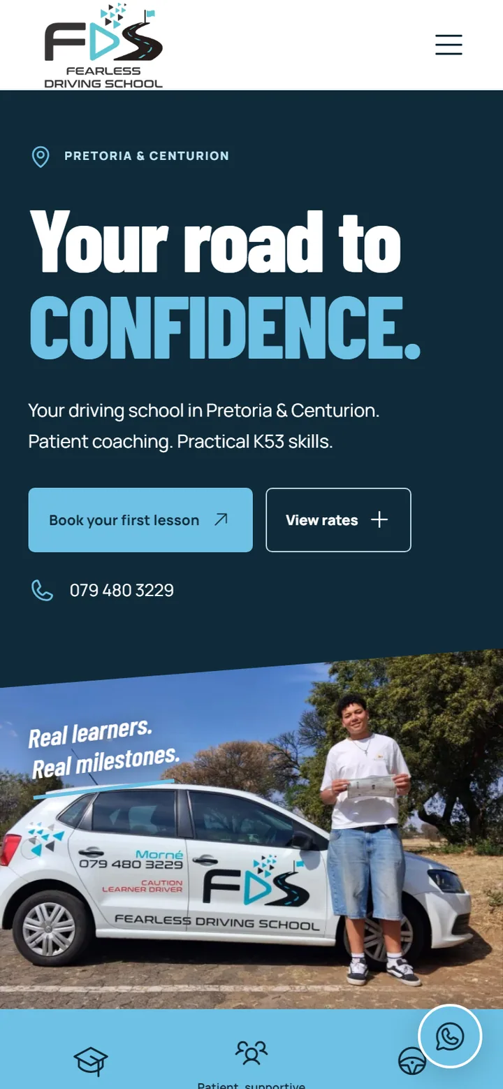 The Fearless Driving School site on a phone.