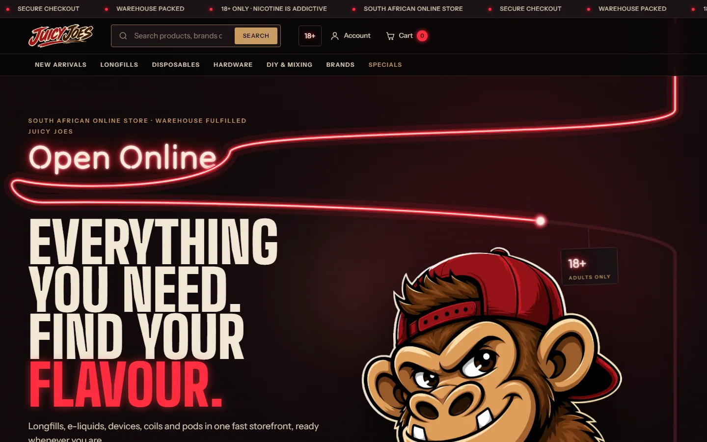 Juicy Joes online store homepage: a glowing red neon line writes Open Online above the headline Everything you need. Find your flavour., beside the Juicy Joes monkey mascot.