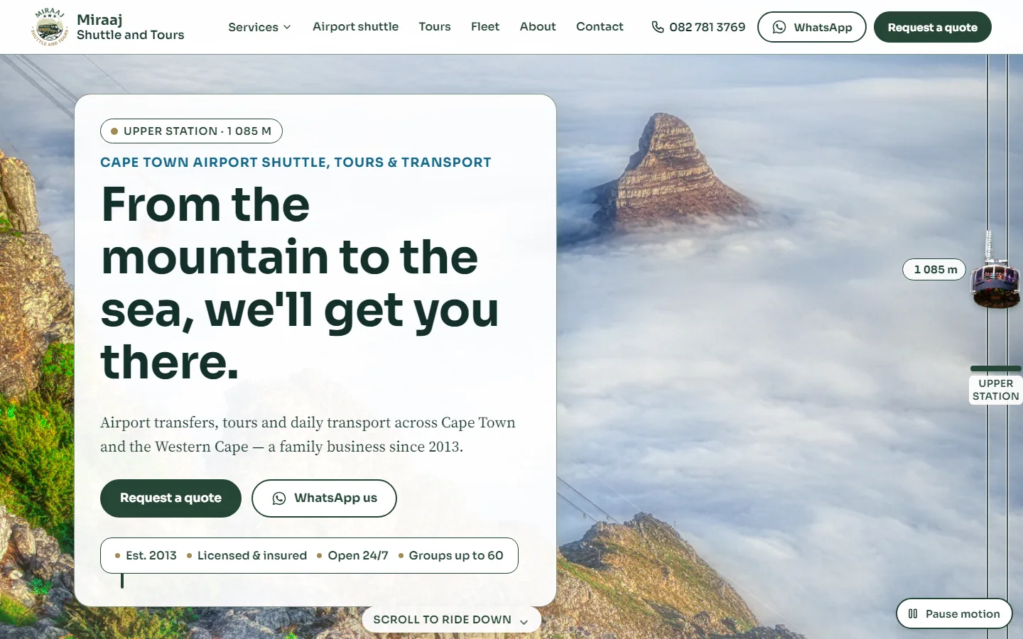 Miraaj Shuttle and Tours homepage: the headline From the mountain to the sea, we’ll get you there, over a photograph of Table Mountain above the clouds with a cable car on the right.