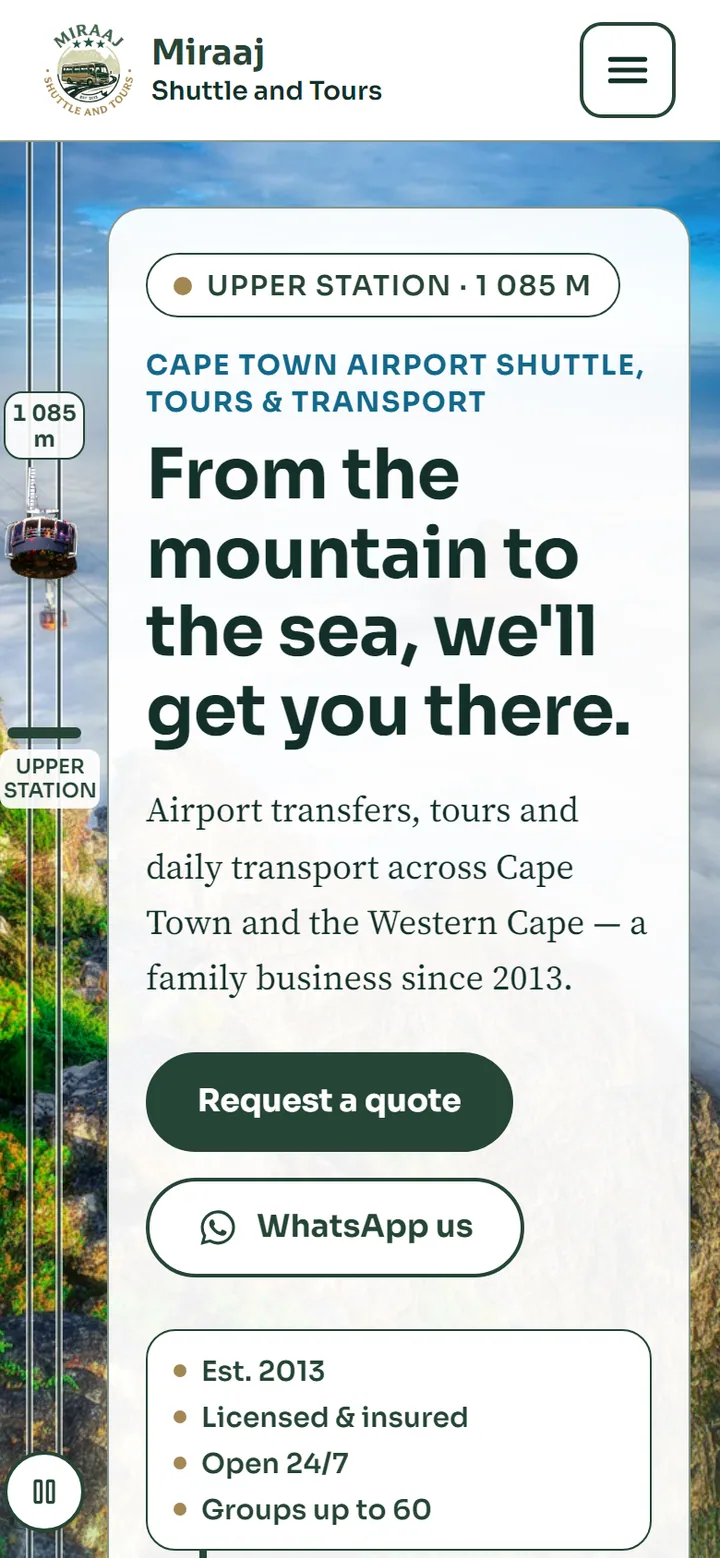 The Miraaj Shuttle and Tours site on a phone.
